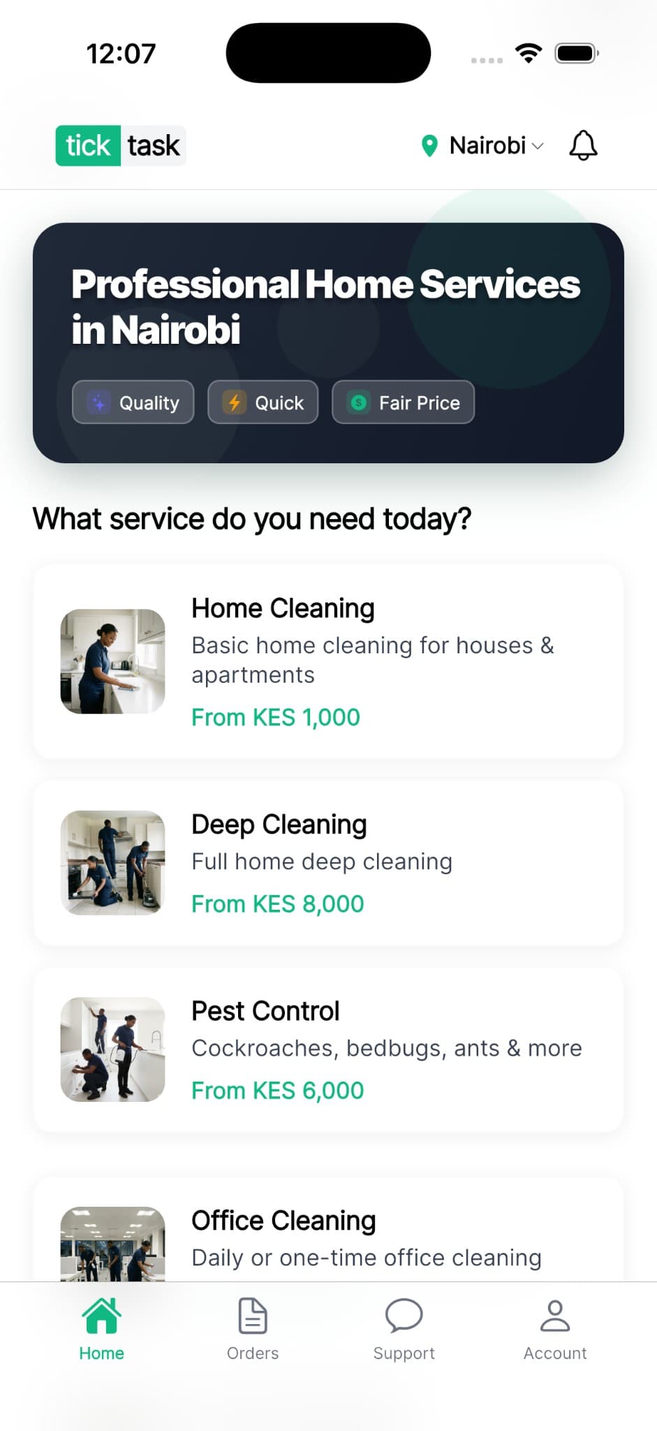 Homio app - Home screen with services in Nairobi